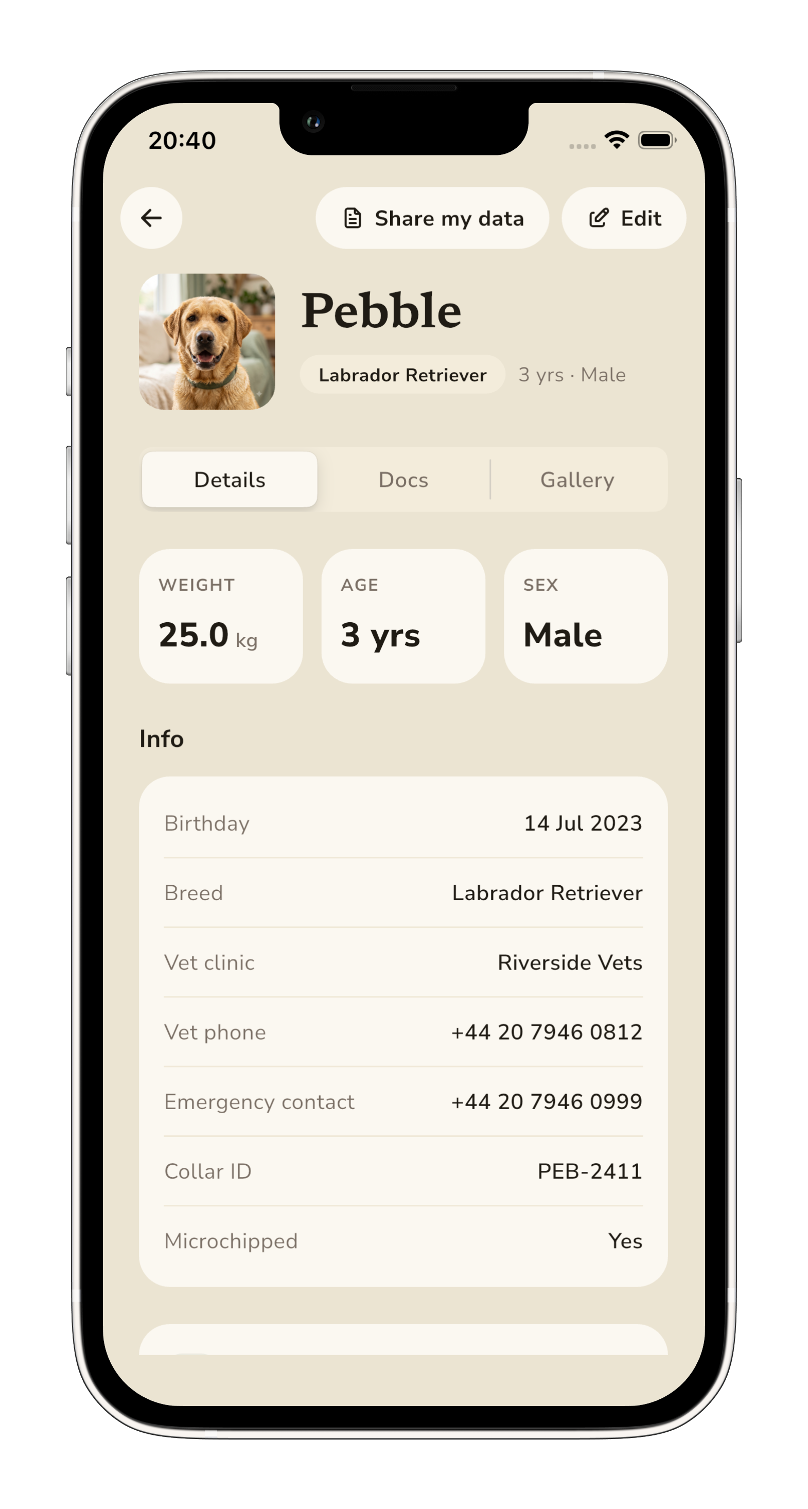 A completed dog details screen in Pebble.