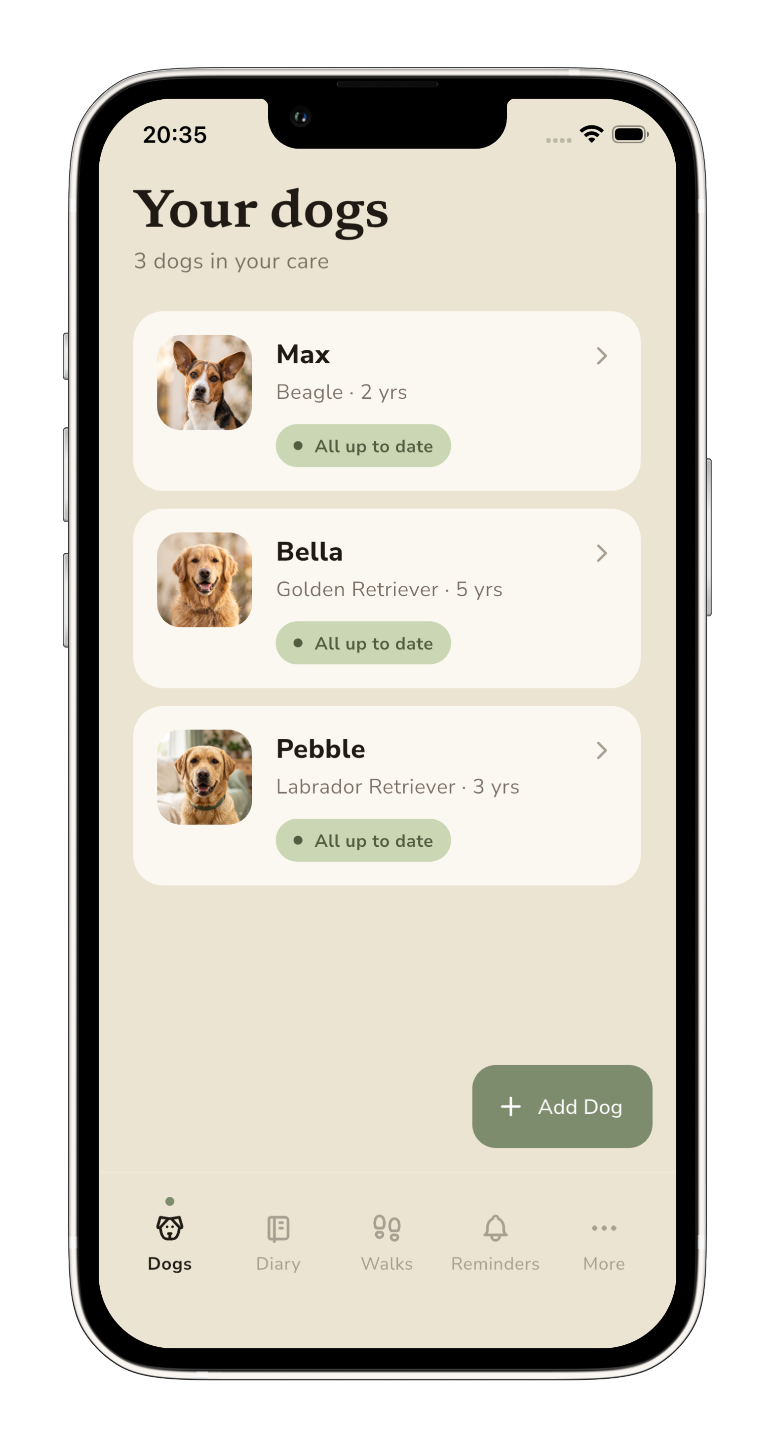 The Pebble app showing a list of dogs — Max the Beagle, Bella the Golden Retriever and Pebble the Labrador — each with a status badge.