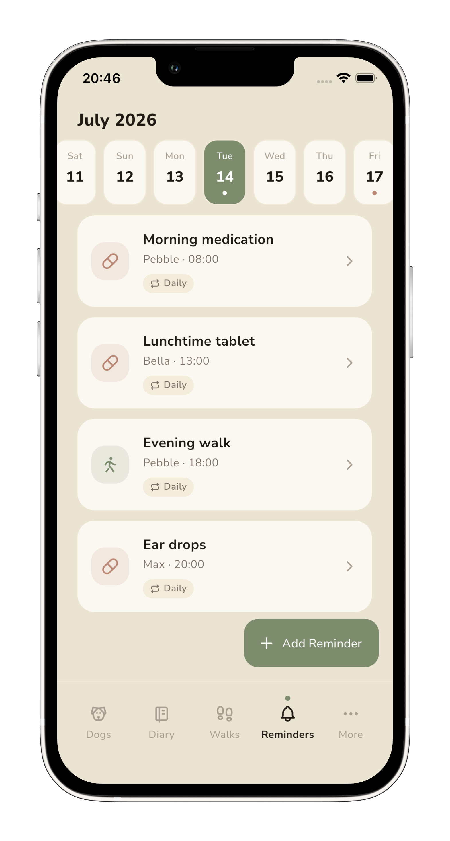 A day of reminders in Pebble — morning medication, lunchtime tablet, evening walk, ear drops.