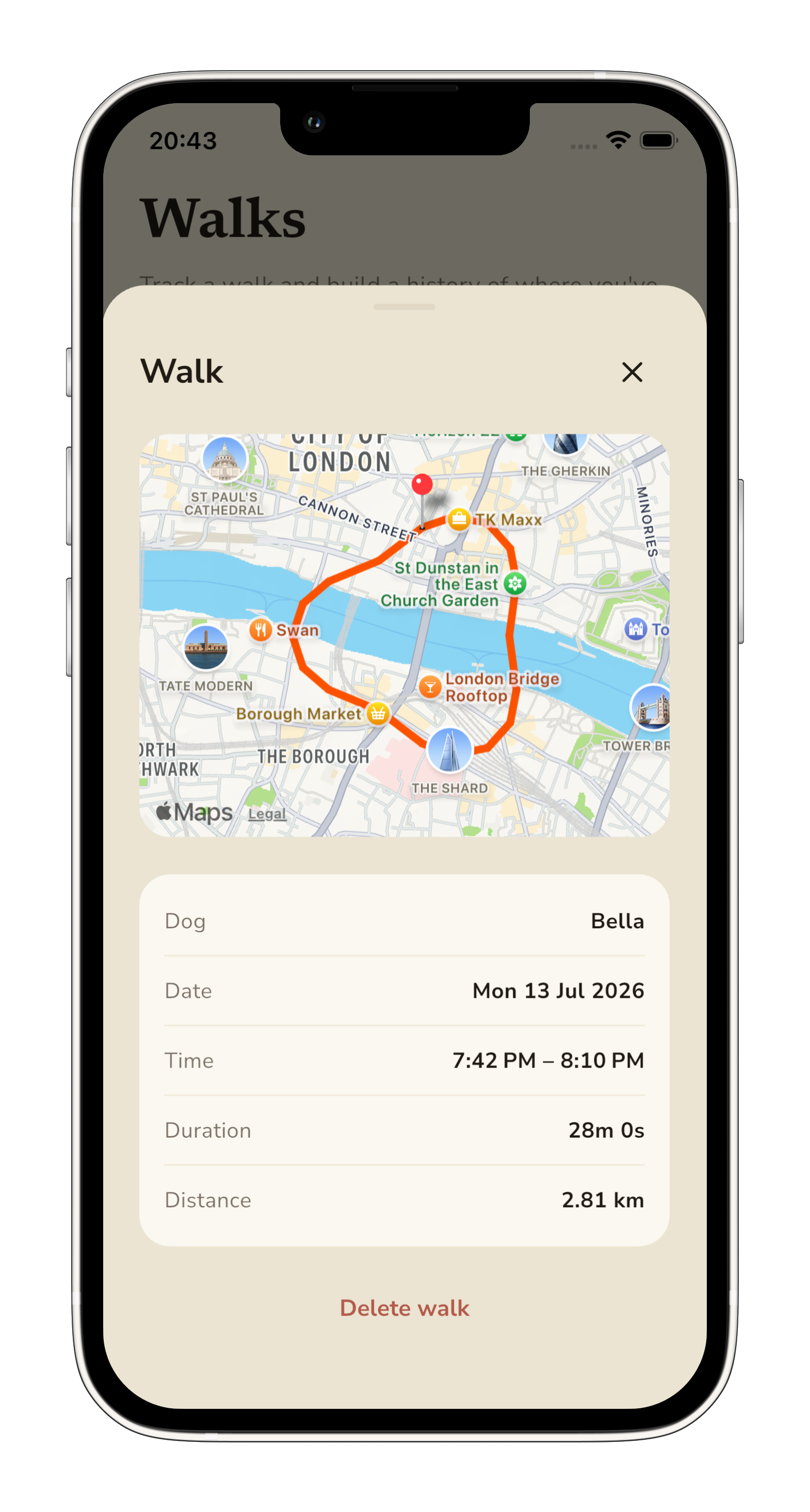 A saved walk in Pebble, drawn as a route on an Apple map with distance and duration below.