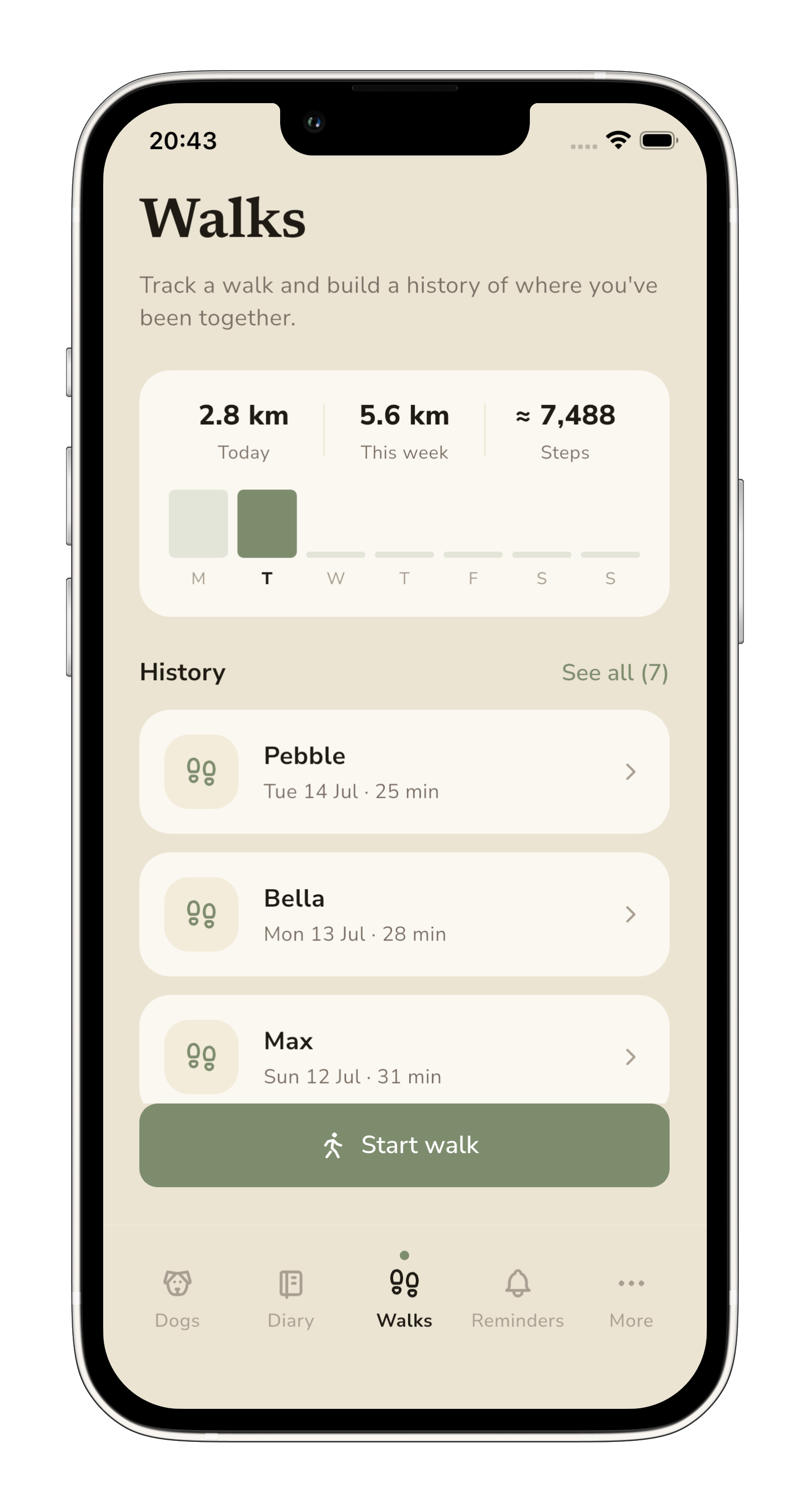 Walks summary showing 2.8 km today, 5.6 km this week and step count.